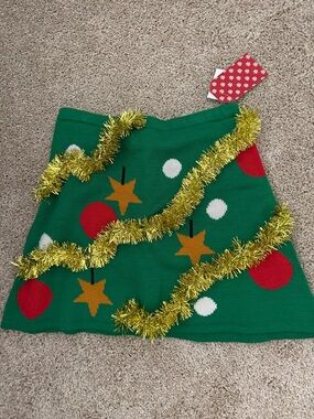 Green Holiday Tree Knit Skirt with Gold Tinsel Accents